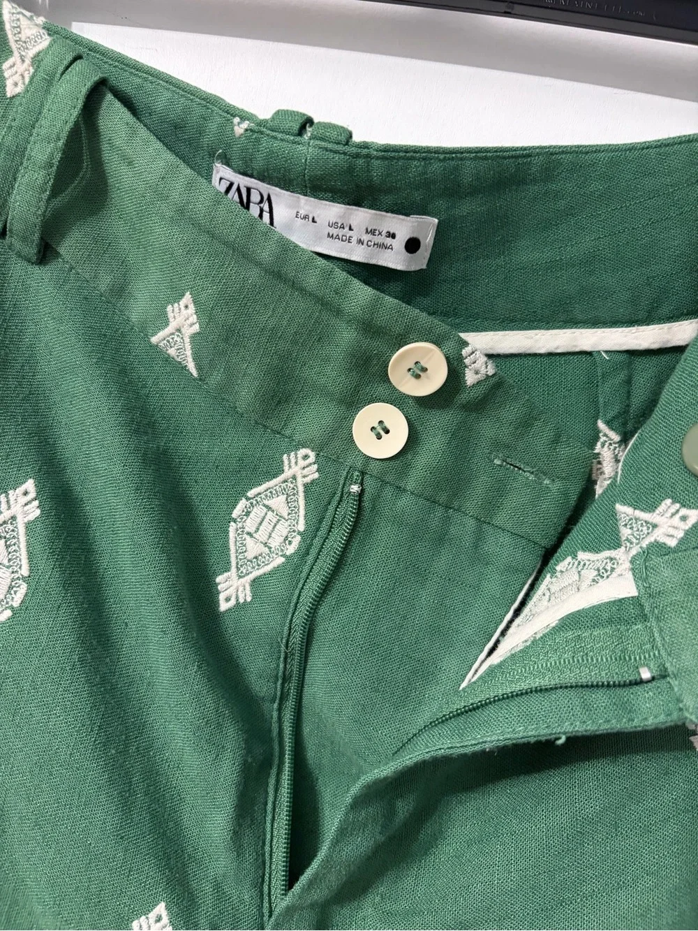 Zara Green & white Patterned linen women’s Wide-Leg pants